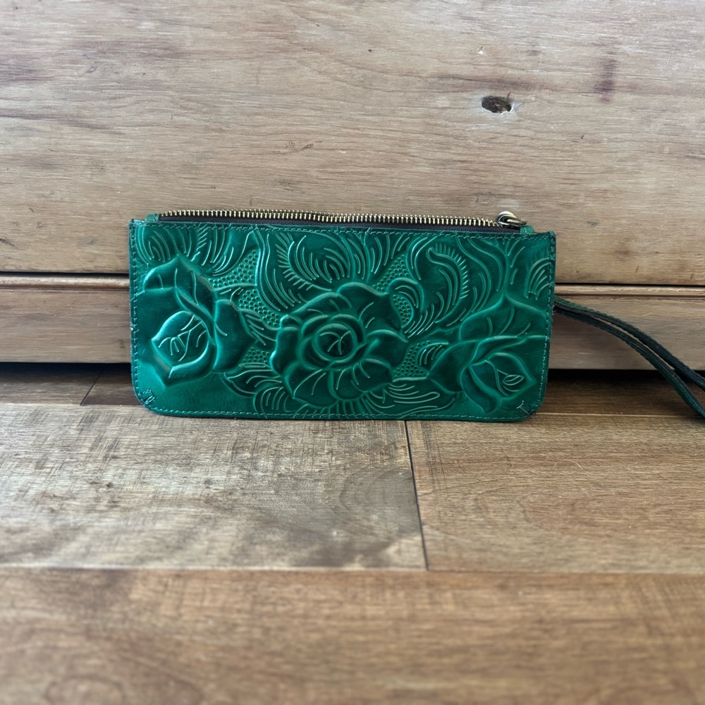 Green Embossed Leather Wristlet